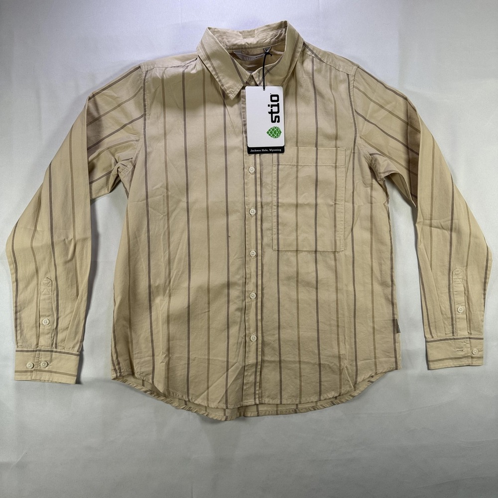 Stio Shirt Womens Medium Beige Stripe Button Front Long Sleeve Outdoor Hiking